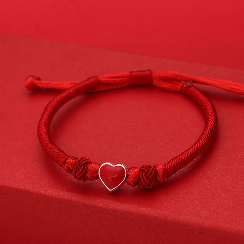 Fortune Jewel 999 Sterling Silver 3D Heart Design Red String Connection Bracelet - Fortune Jewel