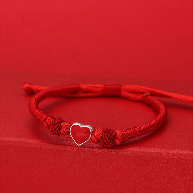 Fortune Jewel 999 Sterling Silver 3D Heart Design Red String Connection Bracelet - Fortune Jewel