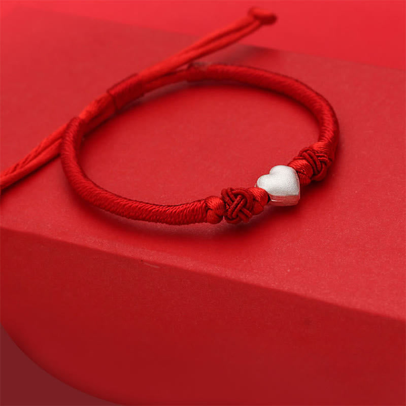 Fortune Jewel 999 Sterling Silver 3D Heart Design Red String Connection Bracelet - Fortune Jewel