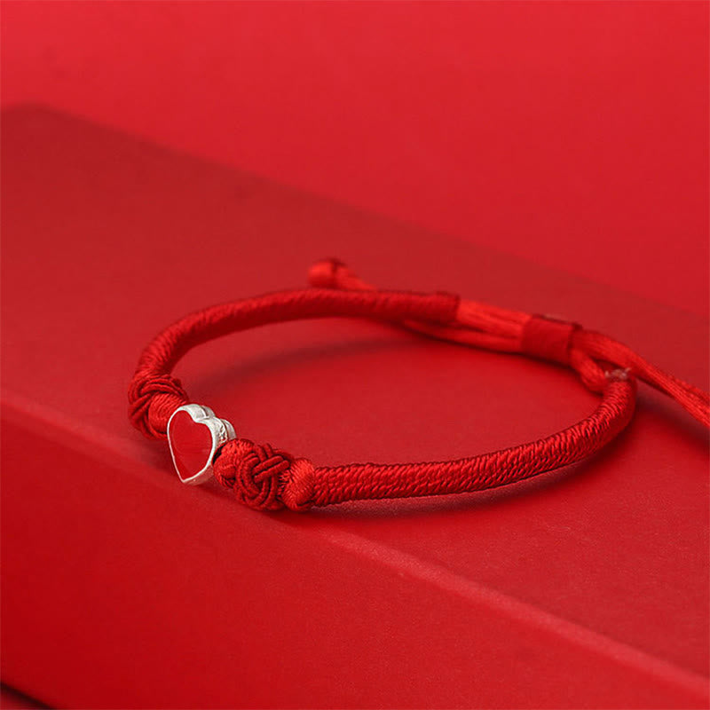 Fortune Jewel 999 Sterling Silver 3D Heart Design Red String Connection Bracelet - Fortune Jewel