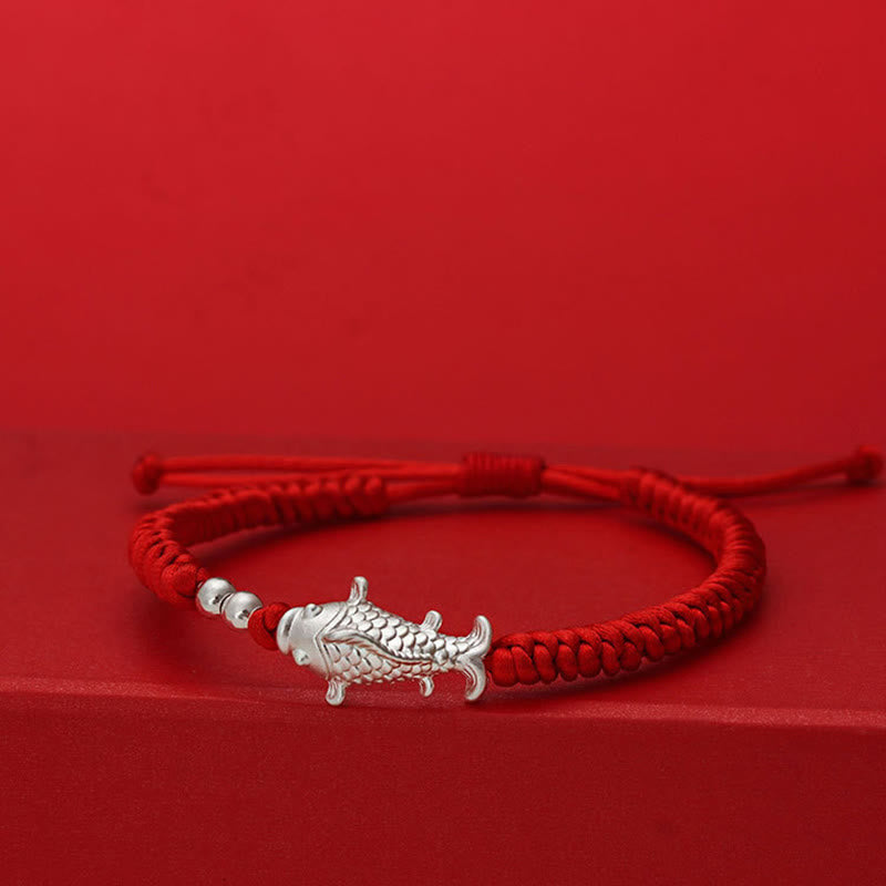 Fortune Jewel 999 Sterling Silver Koi Fish Design 990 Sterling Silver Bead Red String Luck Bracelet - Fortune Jewel
