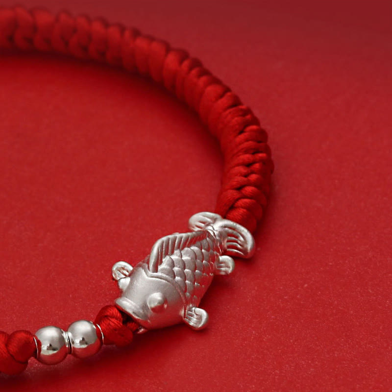 Fortune Jewel 999 Sterling Silver Koi Fish Design 990 Sterling Silver Bead Red String Luck Bracelet - Fortune Jewel