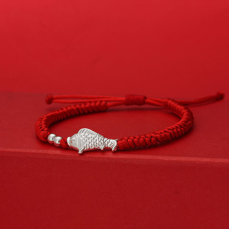Fortune Jewel 999 Sterling Silver Koi Fish Design 990 Sterling Silver Bead Red String Luck Bracelet - Fortune Jewel