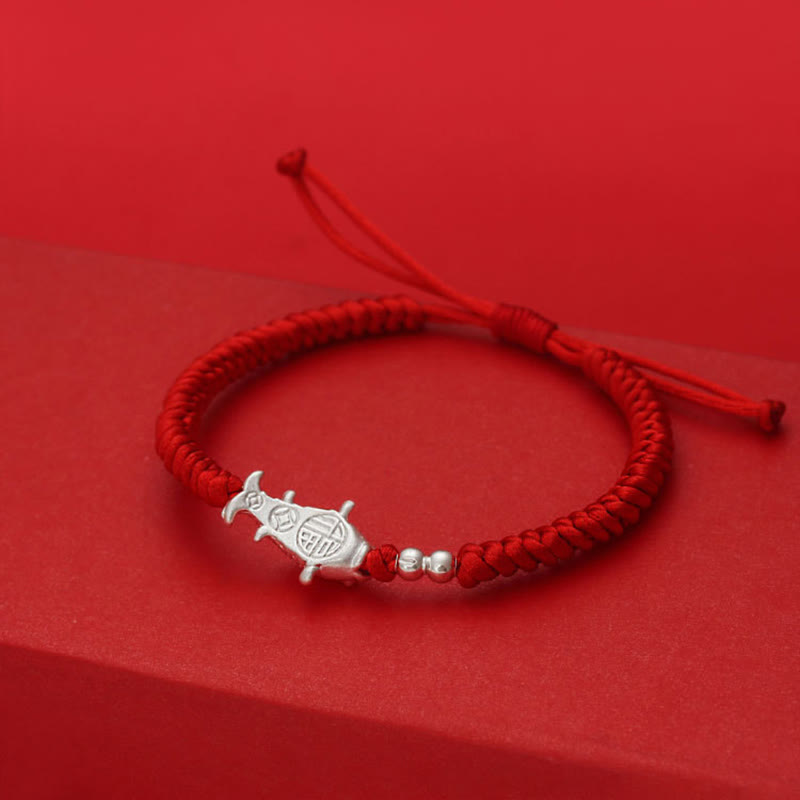 Fortune Jewel 999 Sterling Silver Koi Fish Design 990 Sterling Silver Bead Red String Luck Bracelet - Fortune Jewel