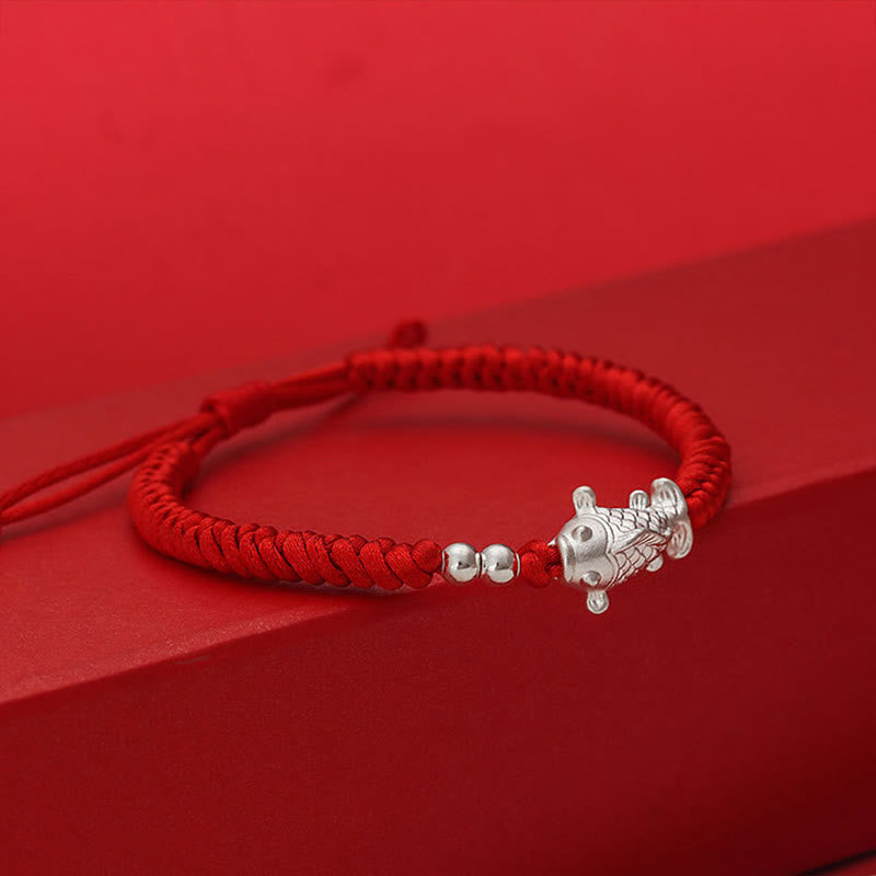 Fortune Jewel 999 Sterling Silver Koi Fish Design 990 Sterling Silver Bead Red String Luck Bracelet - Fortune Jewel