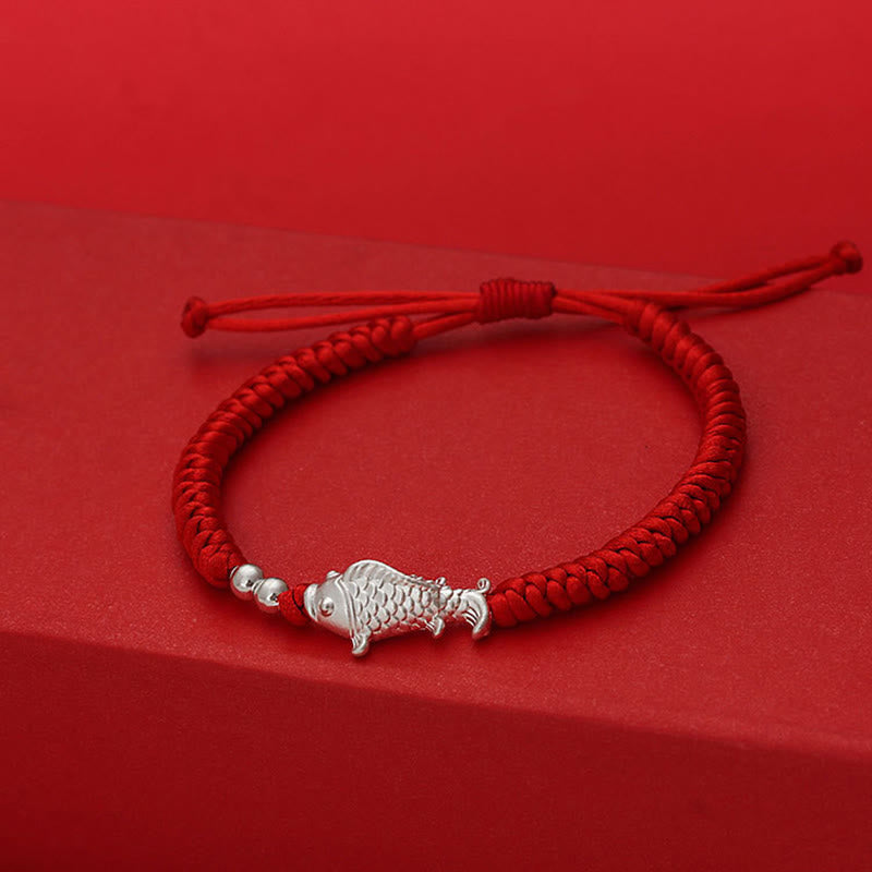 Fortune Jewel 999 Sterling Silver Koi Fish Design 990 Sterling Silver Bead Red String Luck Bracelet - Fortune Jewel