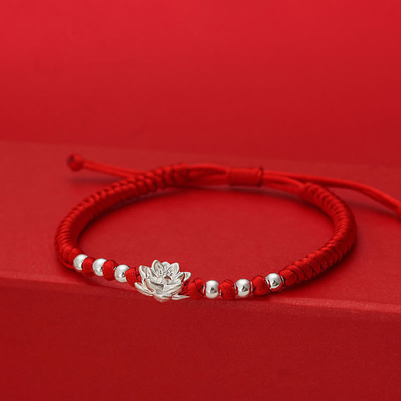 Fortune Jewel 999 Sterling Silver Lotus Symbol 990 Sterling Silver Bead Red String Luck Bracelet - Fortune Jewel