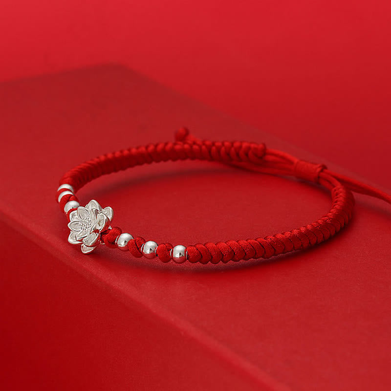 Fortune Jewel 999 Sterling Silver Lotus Symbol 990 Sterling Silver Bead Red String Luck Bracelet - Fortune Jewel