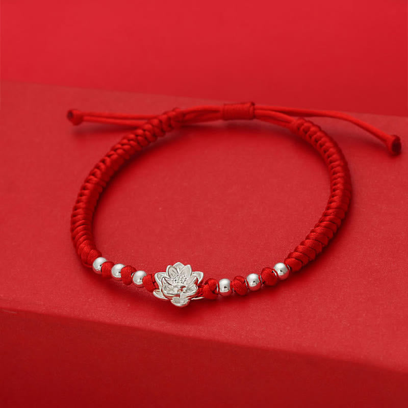 Fortune Jewel 999 Sterling Silver Lotus Symbol 990 Sterling Silver Bead Red String Luck Bracelet - Fortune Jewel