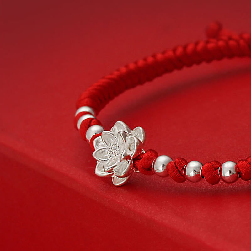 Fortune Jewel 999 Sterling Silver Lotus Symbol 990 Sterling Silver Bead Red String Luck Bracelet - Fortune Jewel