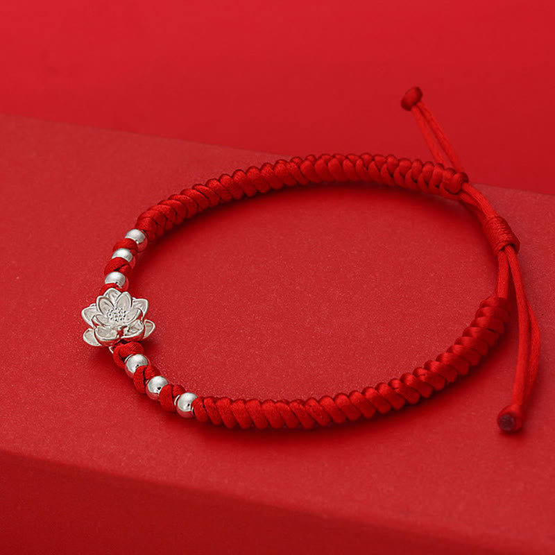 Fortune Jewel 999 Sterling Silver Lotus Symbol 990 Sterling Silver Bead Red String Luck Bracelet - Fortune Jewel
