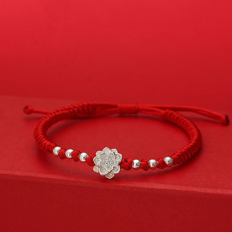 Fortune Jewel 999 Sterling Silver Lotus Symbol 990 Sterling Silver Bead Red String Luck Bracelet - Fortune Jewel