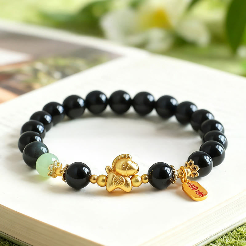 Fortune Jewel Year Of The Horse Hetian Jade Black Obsidian Red Agate Strength Bracelet - Fortune Jewel