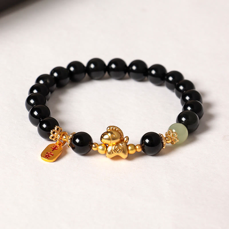 Fortune Jewel Year Of The Horse Hetian Jade Black Obsidian Red Agate Strength Bracelet - Fortune Jewel