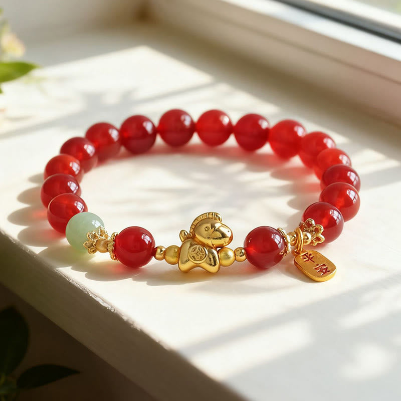 Fortune Jewel Year Of The Horse Hetian Jade Black Obsidian Red Agate Strength Bracelet - Fortune Jewel