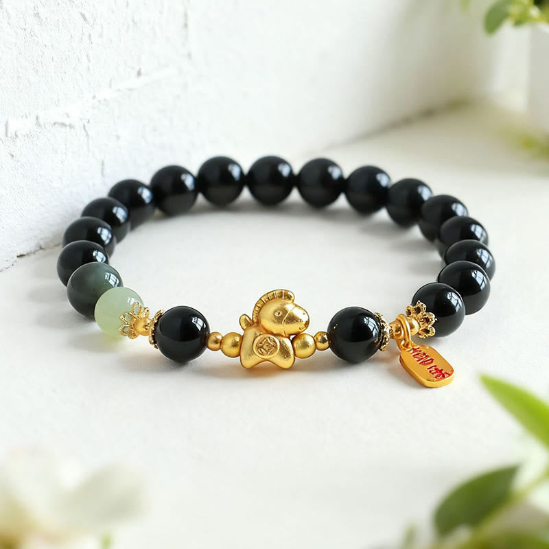 Fortune Jewel Year Of The Horse Hetian Jade Black Obsidian Red Agate Strength Bracelet - Fortune Jewel