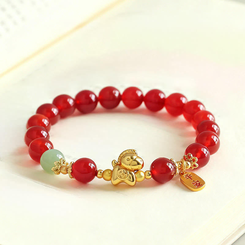 Fortune Jewel Year Of The Horse Hetian Jade Black Obsidian Red Agate Strength Bracelet - Fortune Jewel