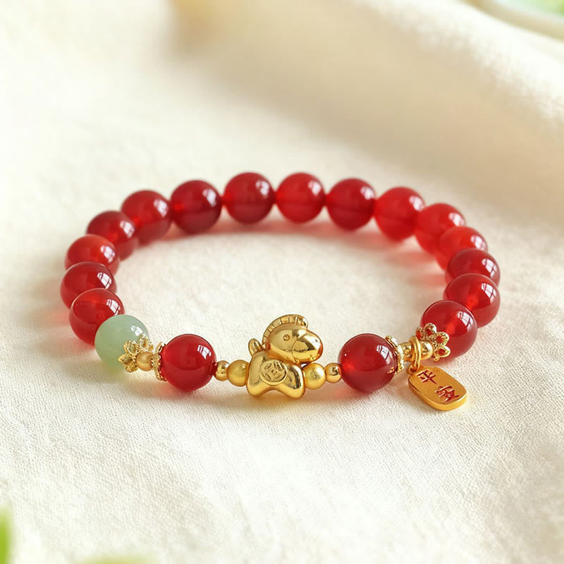 Fortune Jewel Year Of The Horse Hetian Jade Black Obsidian Red Agate Strength Bracelet - Fortune Jewel