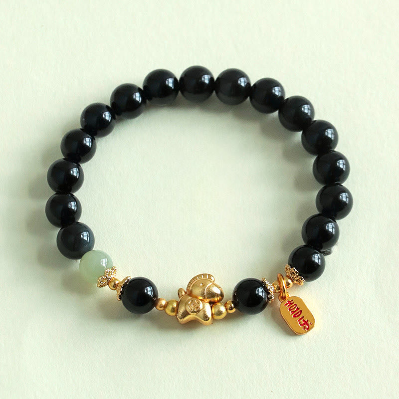 Fortune Jewel Year Of The Horse Hetian Jade Black Obsidian Red Agate Strength Bracelet - Fortune Jewel