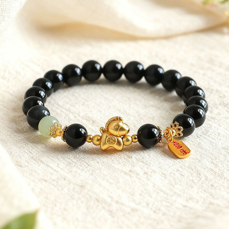 Fortune Jewel Year Of The Horse Hetian Jade Black Obsidian Red Agate Strength Bracelet - Fortune Jewel