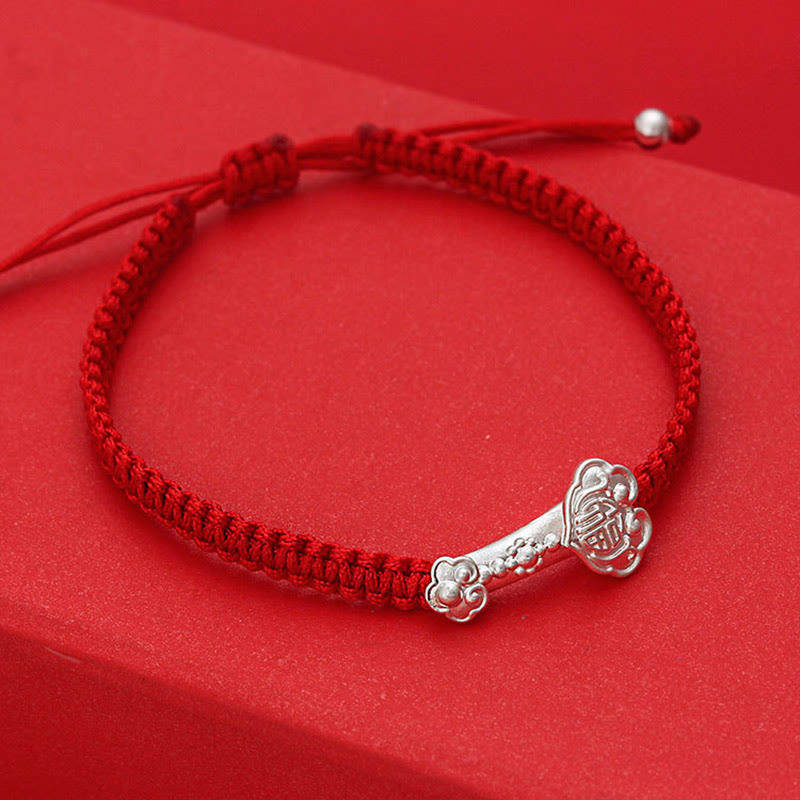 Fortune Jewel 999 Sterling Silver Ruyi Fu Character Luck Red String Connection Braided Bracelet - Fortune Jewel