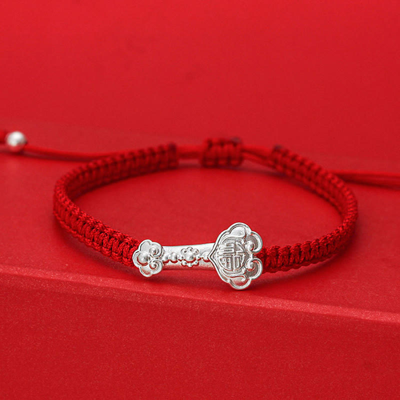 Fortune Jewel 999 Sterling Silver Ruyi Fu Character Luck Red String Connection Braided Bracelet - Fortune Jewel
