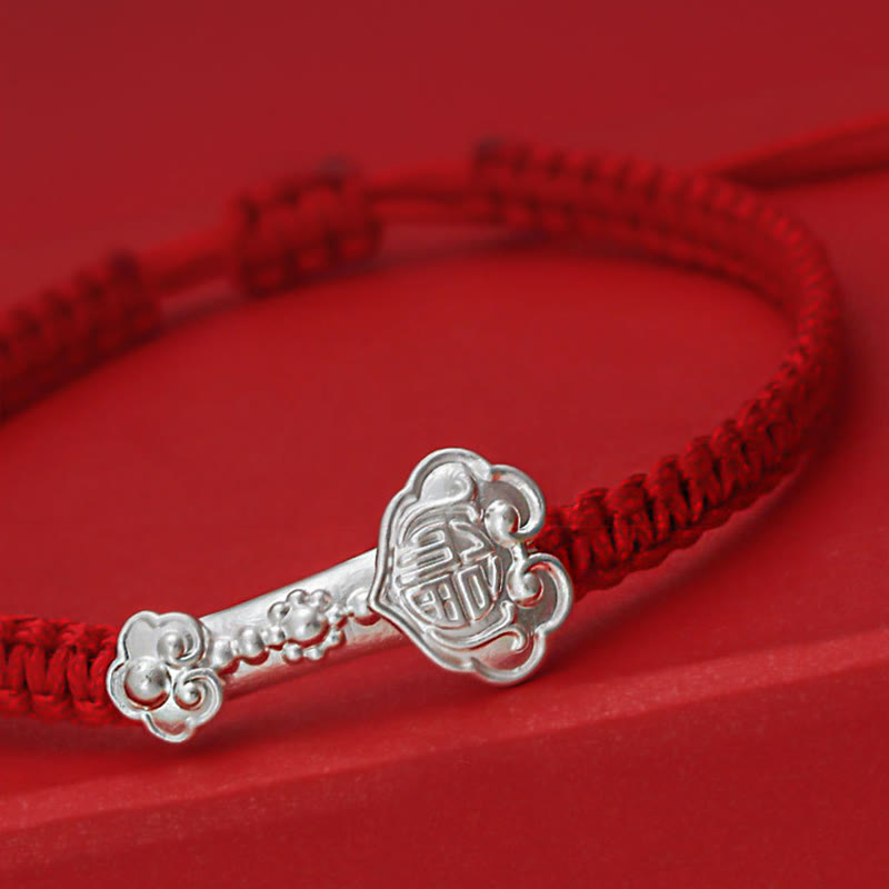 Fortune Jewel 999 Sterling Silver Ruyi Fu Character Luck Red String Connection Braided Bracelet - Fortune Jewel