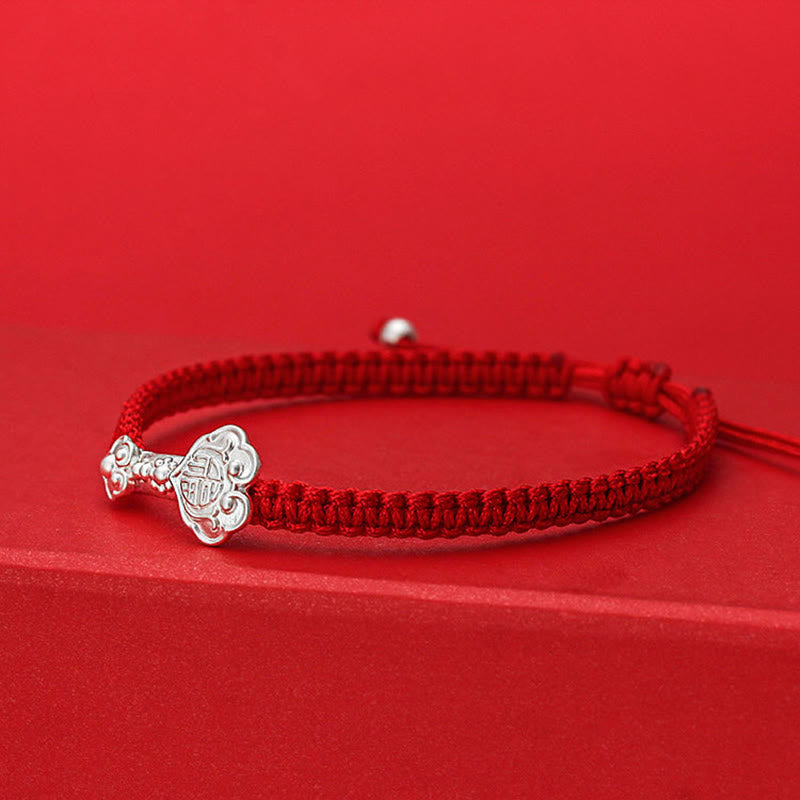 Fortune Jewel 999 Sterling Silver Ruyi Fu Character Luck Red String Connection Braided Bracelet - Fortune Jewel