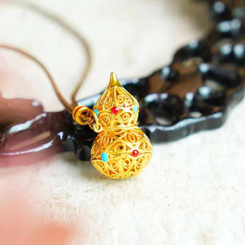 Fortune Jewel Hollow Gourd Design 24k Gold Plated Brass Rope Necklace Pendant - Fortune Jewel