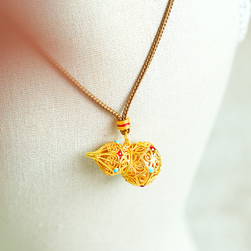 Fortune Jewel Hollow Gourd Design 24k Gold Plated Brass Rope Necklace Pendant - Fortune Jewel