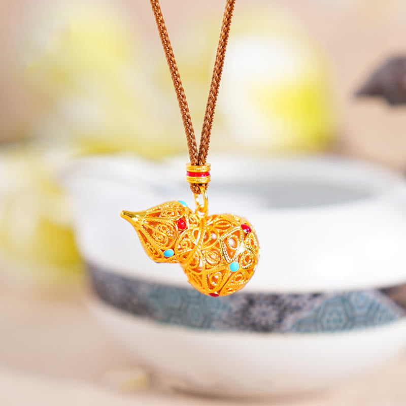 Fortune Jewel Hollow Gourd Design 24k Gold Plated Brass Rope Necklace Pendant - Fortune Jewel