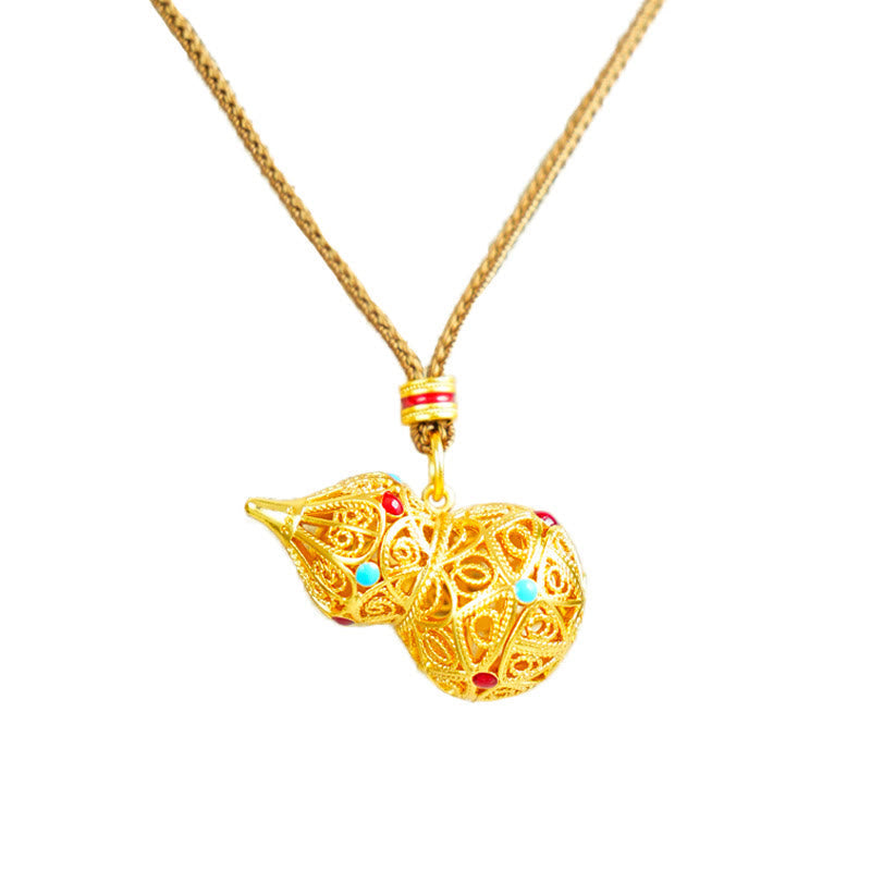 Fortune Jewel Hollow Gourd Design 24k Gold Plated Brass Rope Necklace Pendant - Fortune Jewel