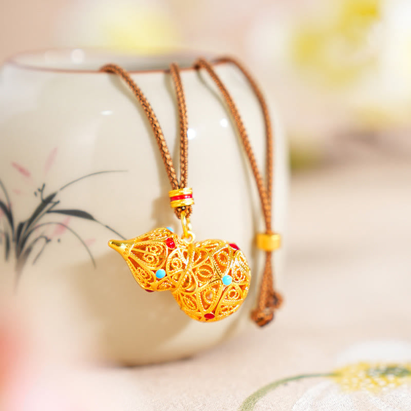 Fortune Jewel Hollow Gourd Design 24k Gold Plated Brass Rope Necklace Pendant - Fortune Jewel