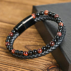 Fortune Jewel Black Onyx Tiger Eye Titanium Steel Leather Protection Bracelet - Fortune Jewel