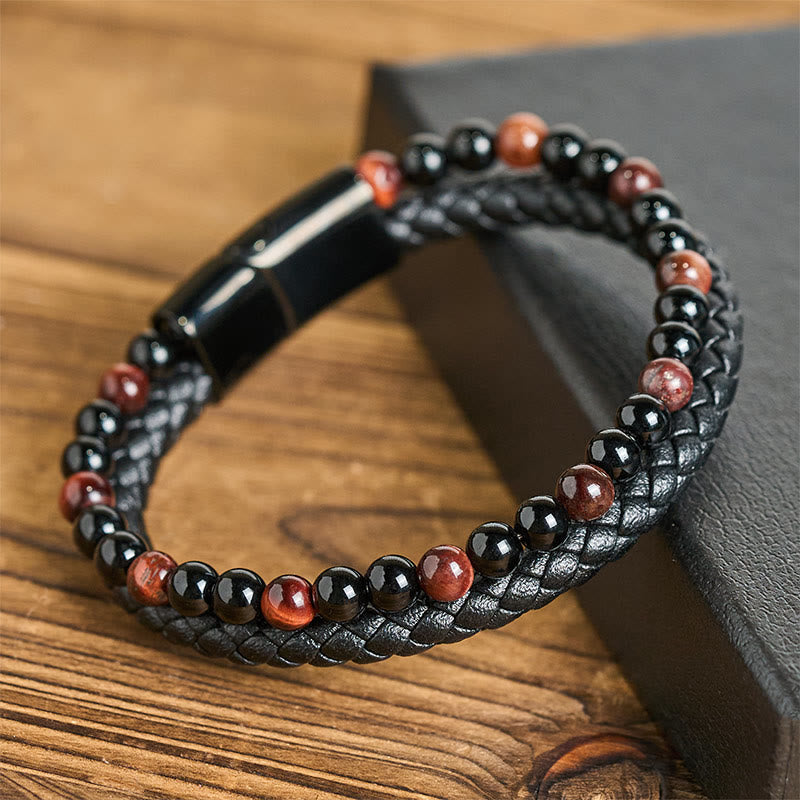 Fortune Jewel Black Onyx Tiger Eye Titanium Steel Leather Protection Bracelet - Fortune Jewel