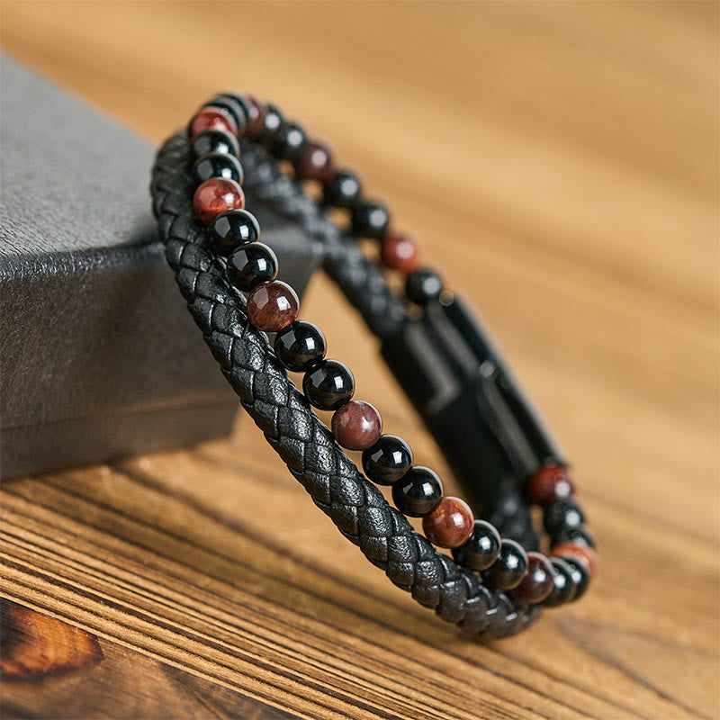 Fortune Jewel Black Onyx Tiger Eye Titanium Steel Leather Protection Bracelet - Fortune Jewel