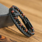 Fortune Jewel Black Onyx Tiger Eye Titanium Steel Leather Protection Bracelet - Fortune Jewel