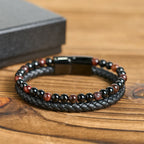 Fortune Jewel Black Onyx Tiger Eye Titanium Steel Leather Protection Bracelet - Fortune Jewel