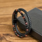 Fortune Jewel Black Onyx Tiger Eye Titanium Steel Leather Protection Bracelet - Fortune Jewel
