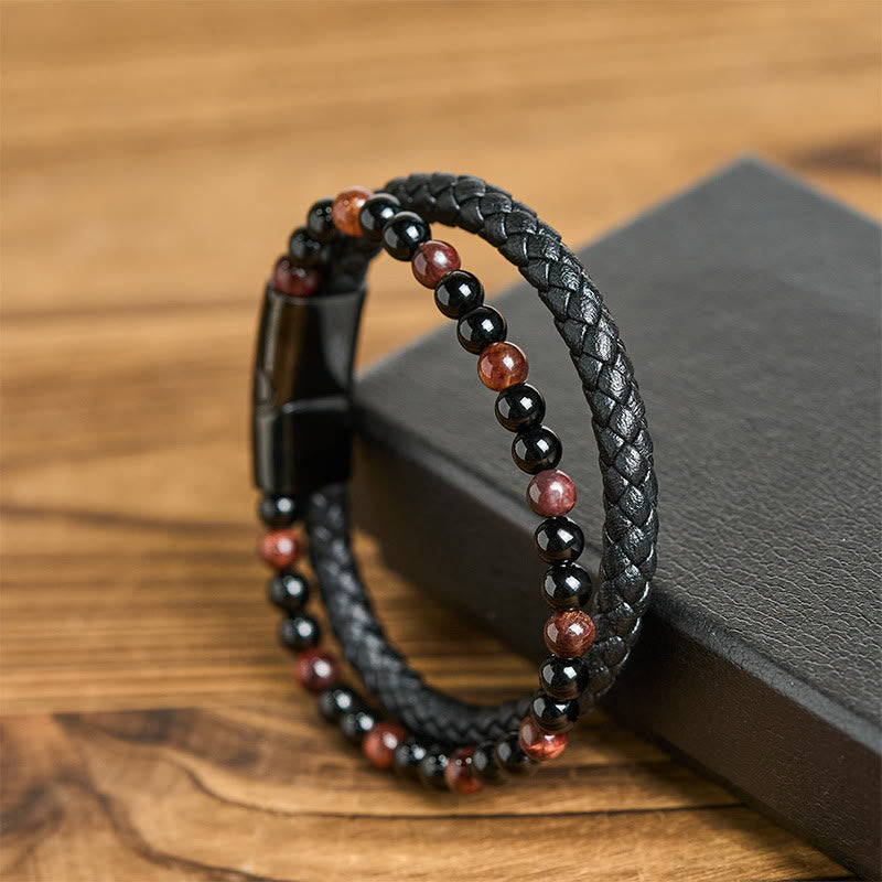 Fortune Jewel Black Onyx Tiger Eye Titanium Steel Leather Protection Bracelet - Fortune Jewel