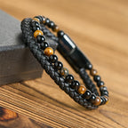 Fortune Jewel Black Onyx Tiger Eye Titanium Steel Leather Protection Bracelet - Fortune Jewel