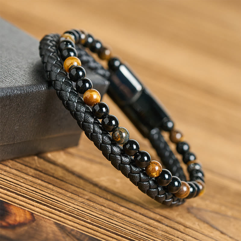 Fortune Jewel Black Onyx Tiger Eye Titanium Steel Leather Protection Bracelet - Fortune Jewel