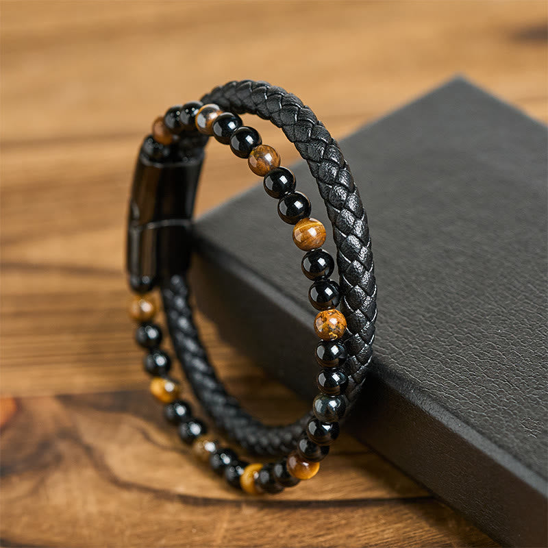 Fortune Jewel Black Onyx Tiger Eye Titanium Steel Leather Protection Bracelet - Fortune Jewel
