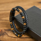 Fortune Jewel Black Onyx Tiger Eye Titanium Steel Leather Protection Bracelet - Fortune Jewel