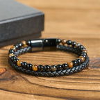 Fortune Jewel Black Onyx Tiger Eye Titanium Steel Leather Protection Bracelet - Fortune Jewel