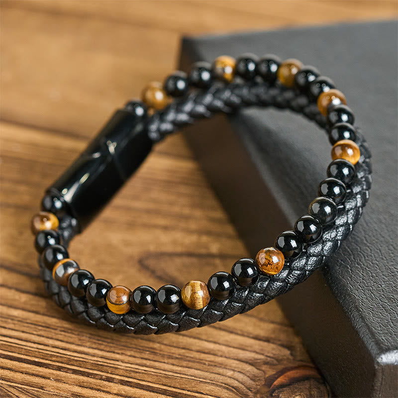Fortune Jewel Black Onyx Tiger Eye Titanium Steel Leather Protection Bracelet - Fortune Jewel