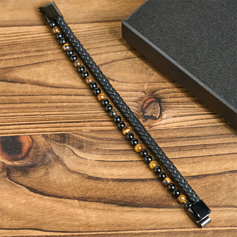 Fortune Jewel Black Onyx Tiger Eye Titanium Steel Leather Protection Bracelet - Fortune Jewel