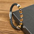 Fortune Jewel Tiger Eye Titanium Steel Courage Balance Leather Bracelet - Fortune Jewel