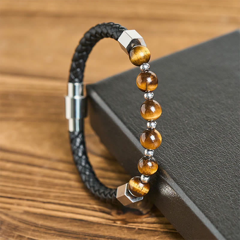 Fortune Jewel Tiger Eye Titanium Steel Courage Balance Leather Bracelet - Fortune Jewel