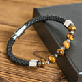 Fortune Jewel Tiger Eye Titanium Steel Courage Balance Leather Bracelet - Fortune Jewel
